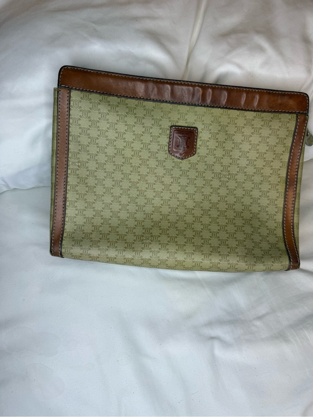 Celine Olive Green Canvas Toiletry Pouch with Brown Leather Trim